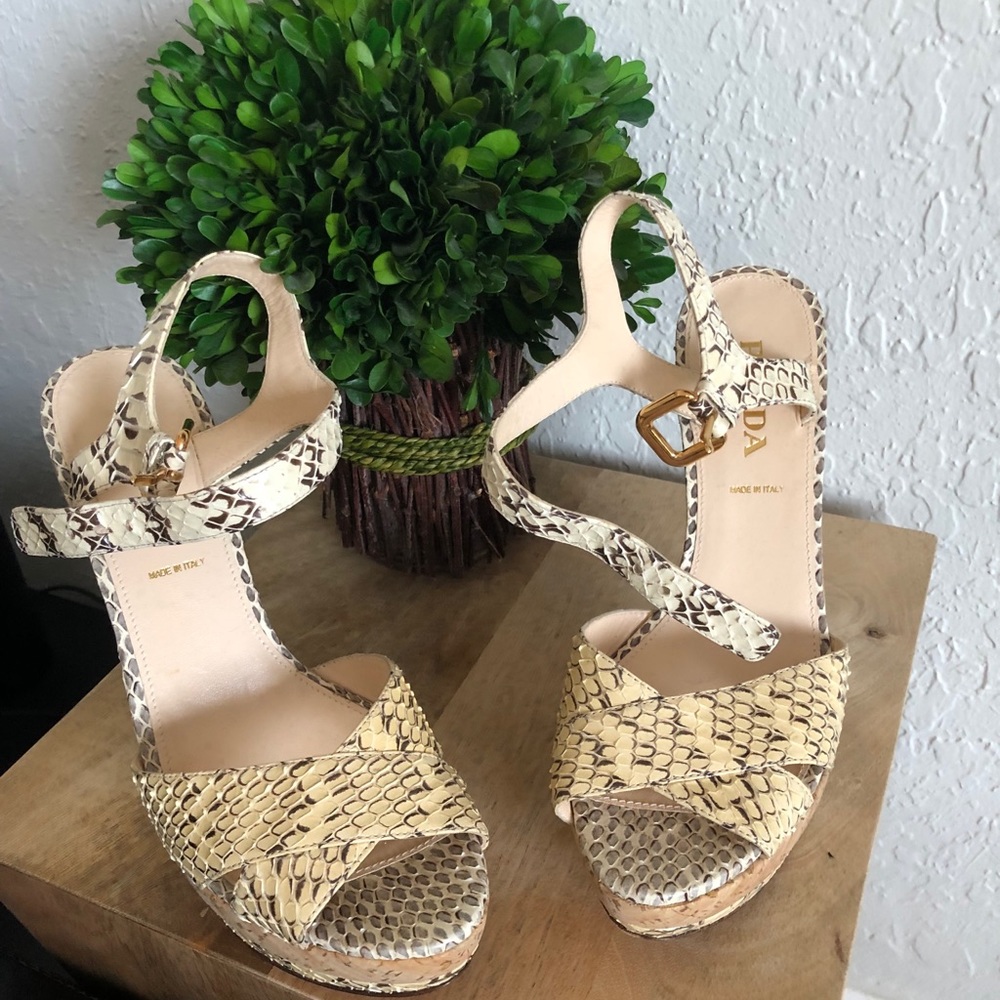 Authentic Prada snakeskin open toe heel